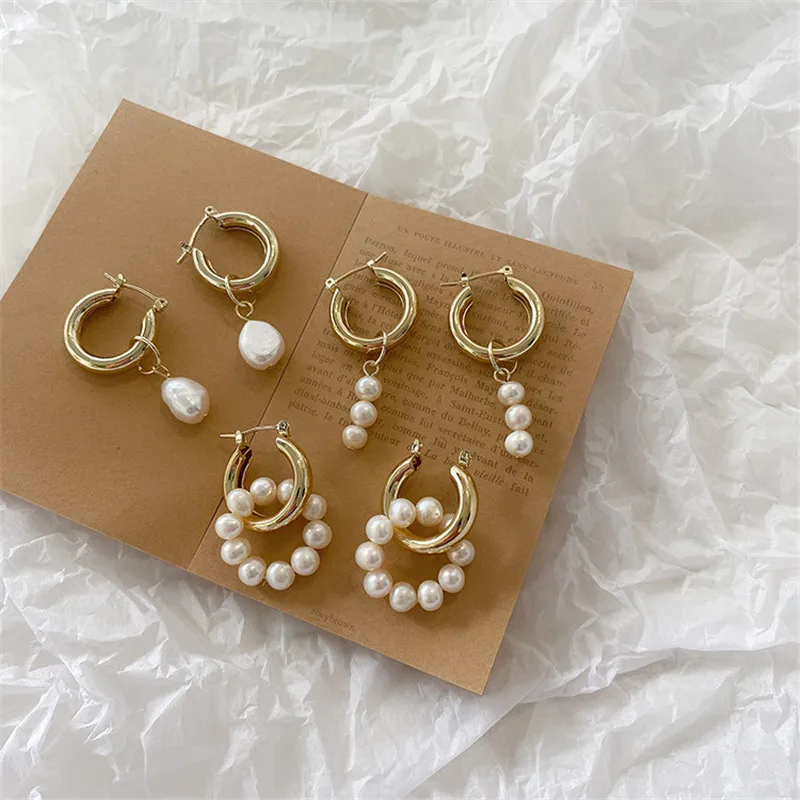 Baroque Pearl Gold Color Hoop Earrings For Women Thick Circel Round Hoops Pearl Beads Ear Rings Korean 2022 Jewelry