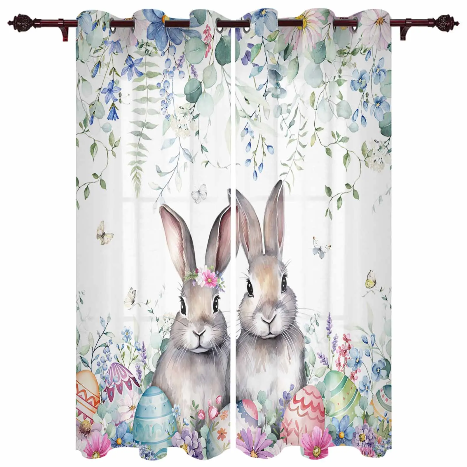 

Easter Bunny Eggs Spring Flowers Window Curtains for Living Room Bedroom Curtain Modern Kitchen Blinds Drapes Curtains