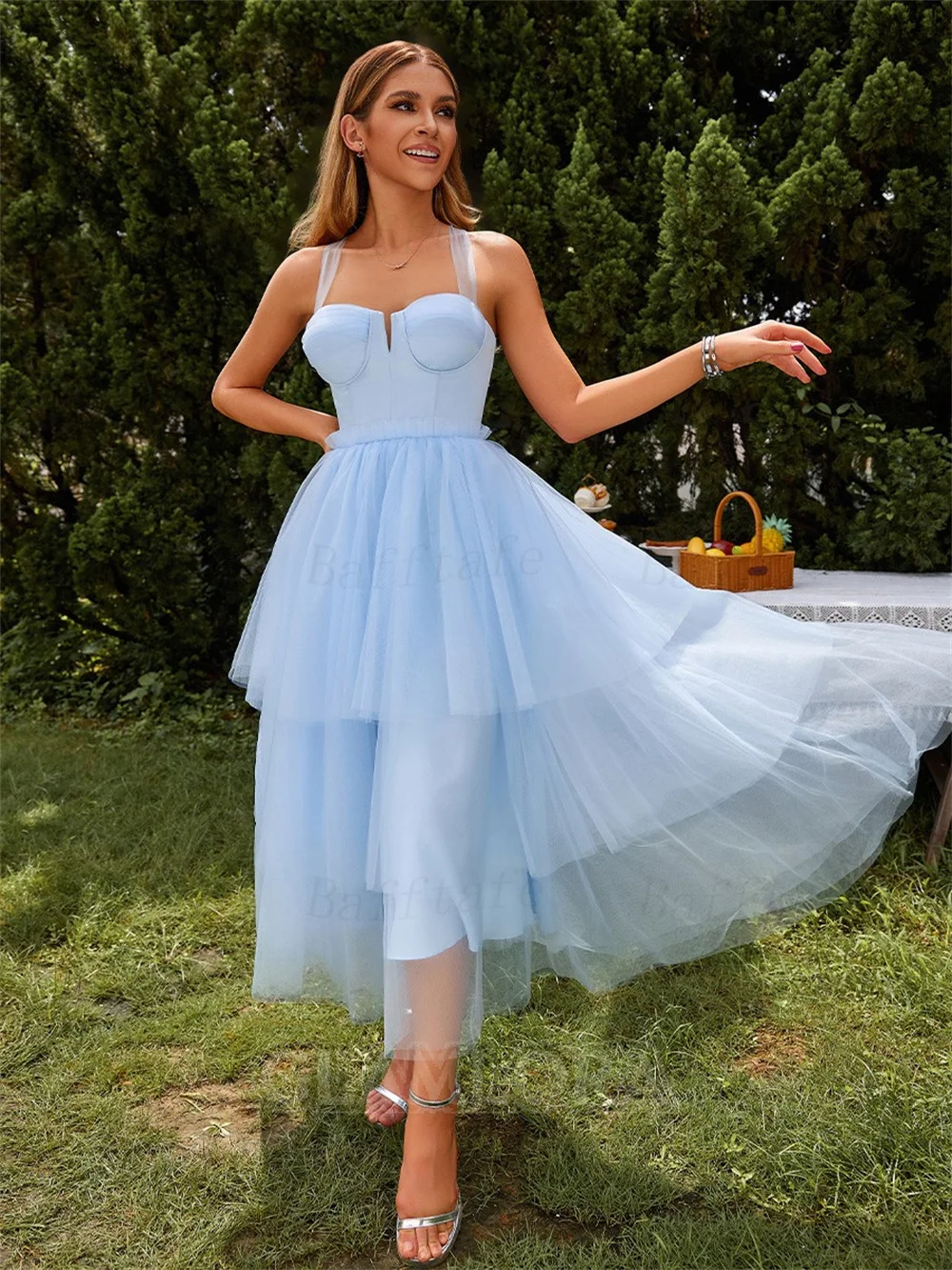 Bafftafe Ankle Length Tulle Midi Prom Dresses Sweetheart Tiered Corset Back Women Evening Gowns Customized Formal Party Dress