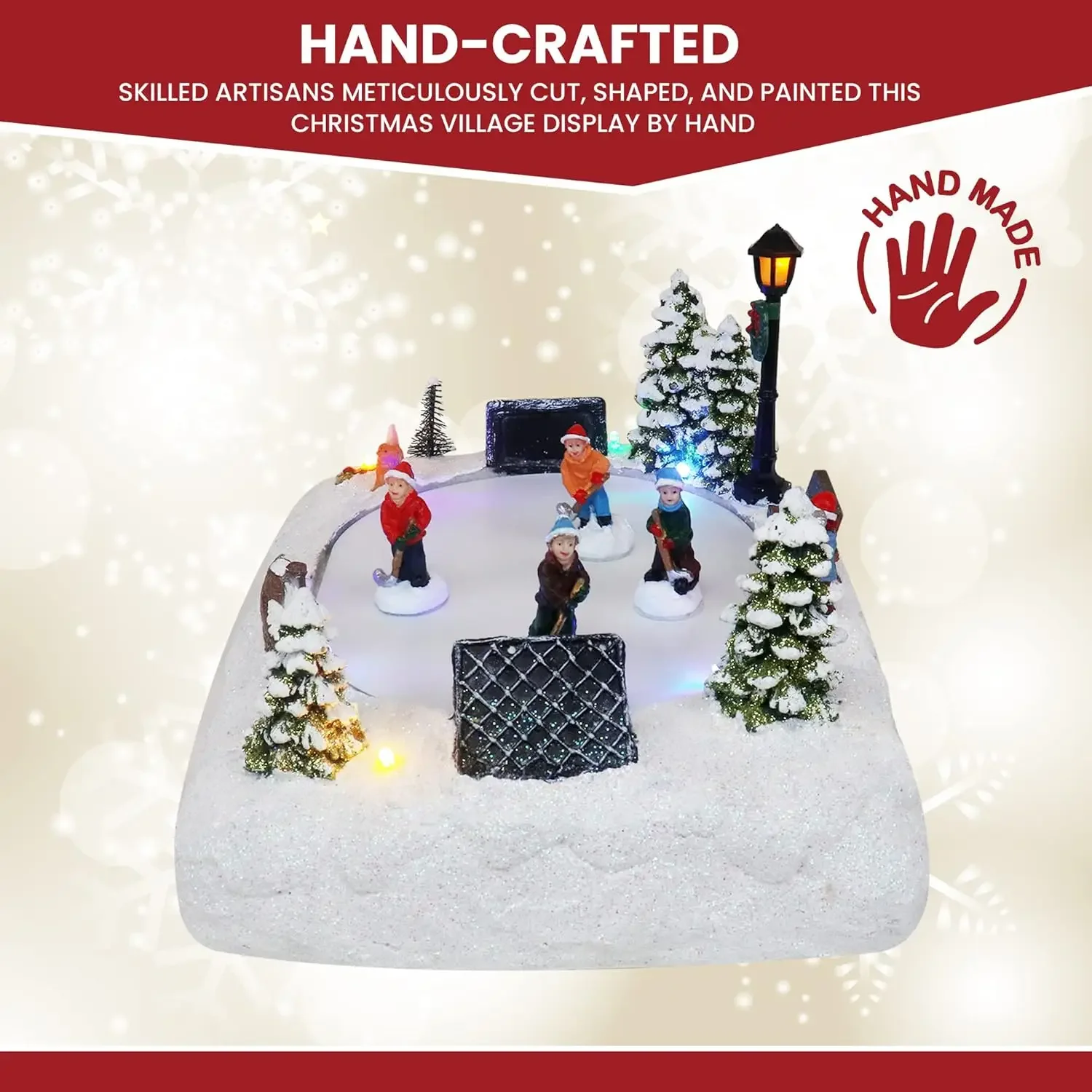 Pizarra de patinaje de Hockey de mesa de pueblo navideño musical animado con nieve preiluminada, centro de mesa perfecto para decoración del hogar en interiores