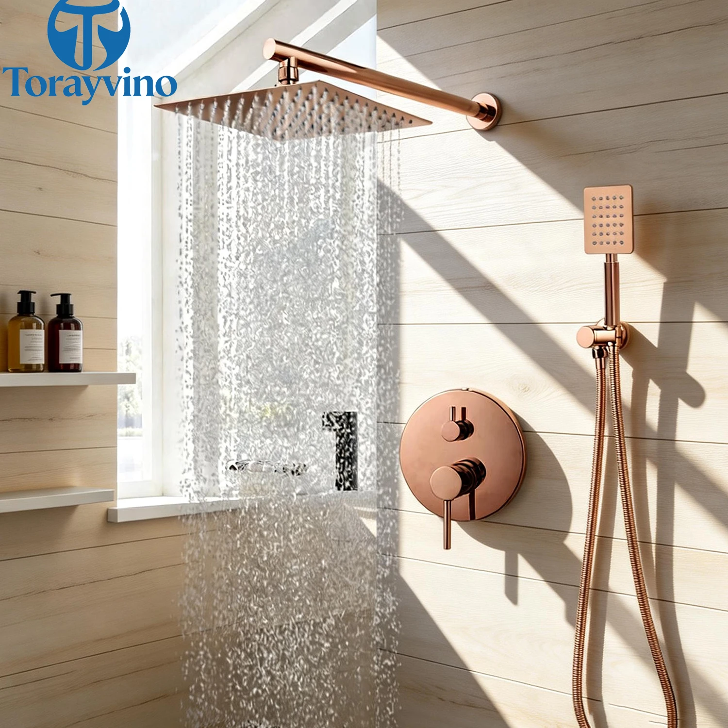 

Torayvino Rose Gold Bathroom Shower System Faucet Hand Rainfall Shower Rotate Embedded Box Bath Spout Mixer Water Tap Combo Kit