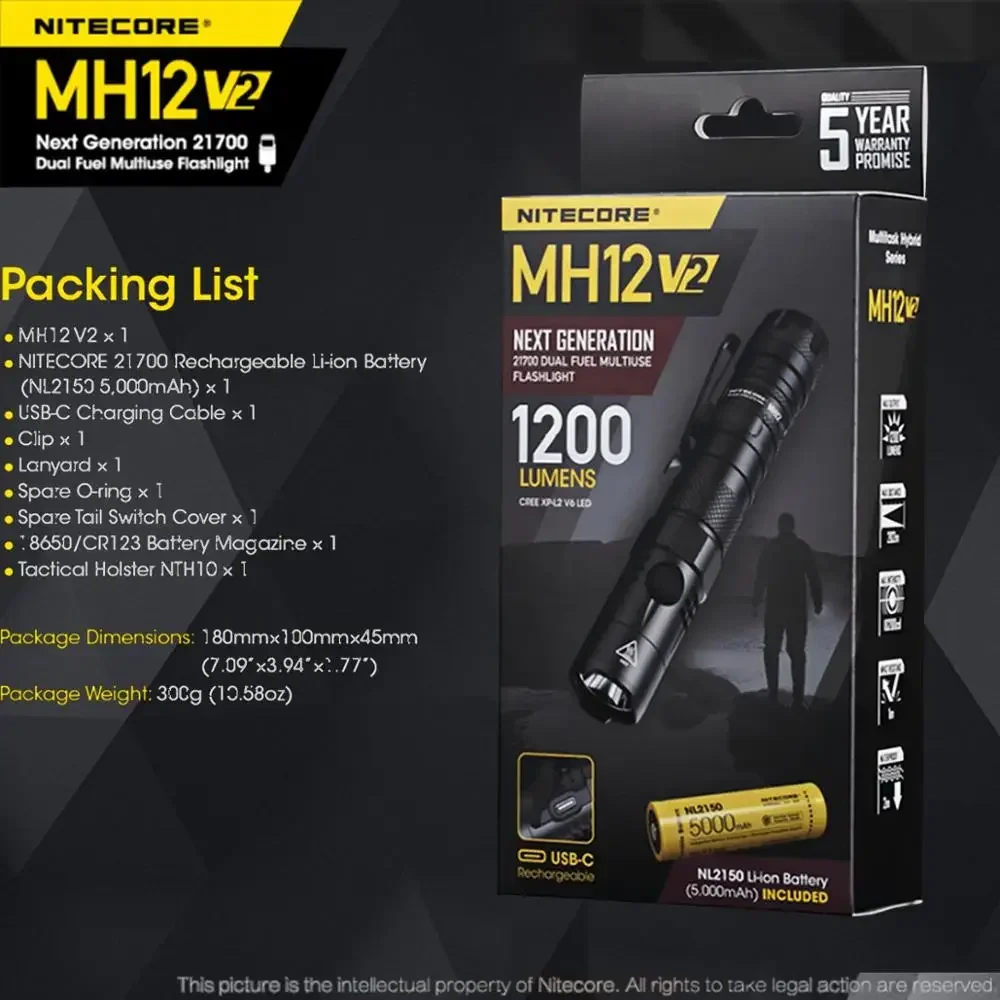 NITECORE MH12 V2 1200 Lumens  XP-L2 V6 LED USB-C Rechargeable Flashlight Include 5000mAh NL2150 Battery Outdoor Search Torch