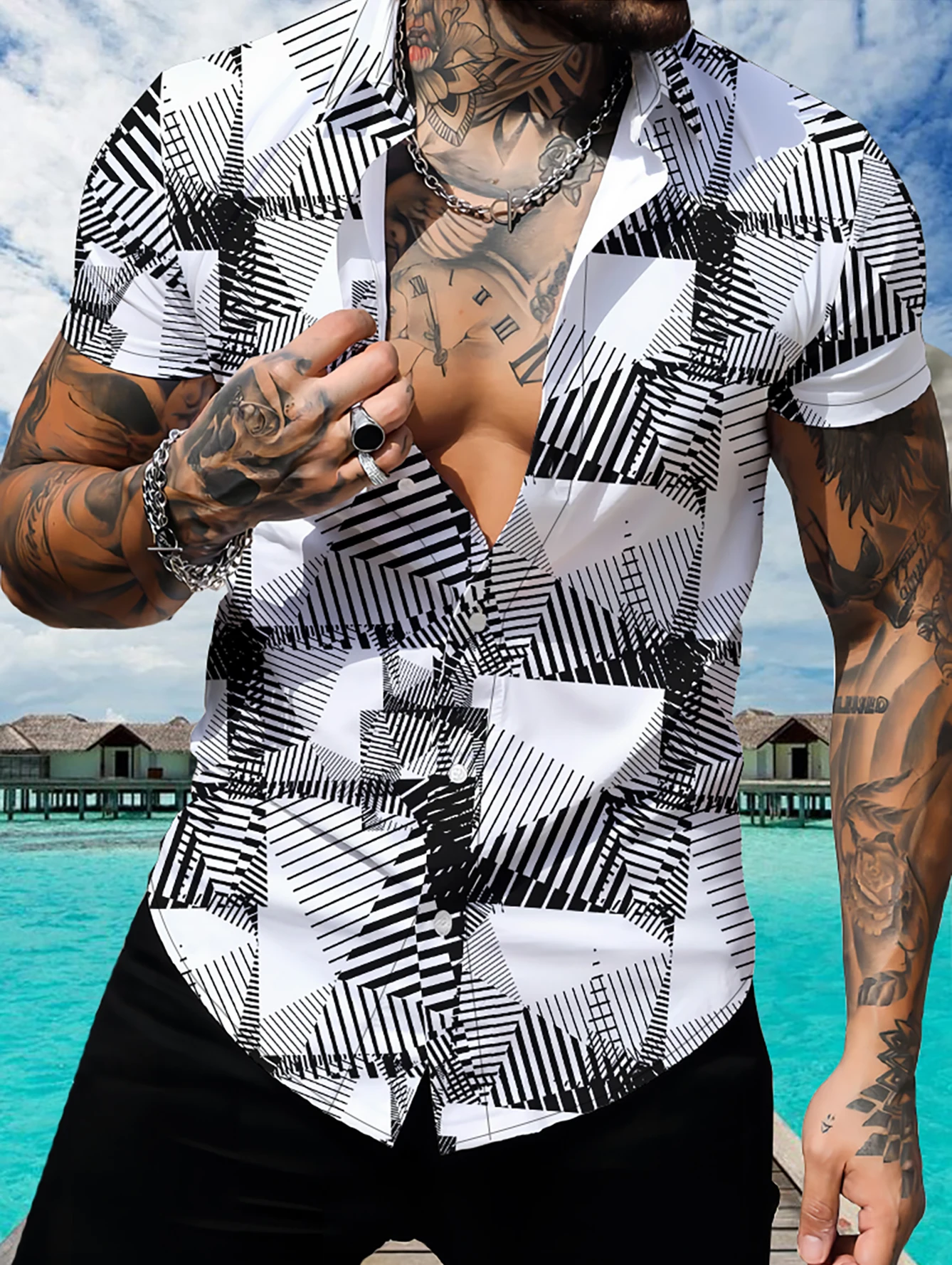 2024 new hot selling men's summer casual shirt short sleeve 3D digital printing shirt short sleeve cross-border