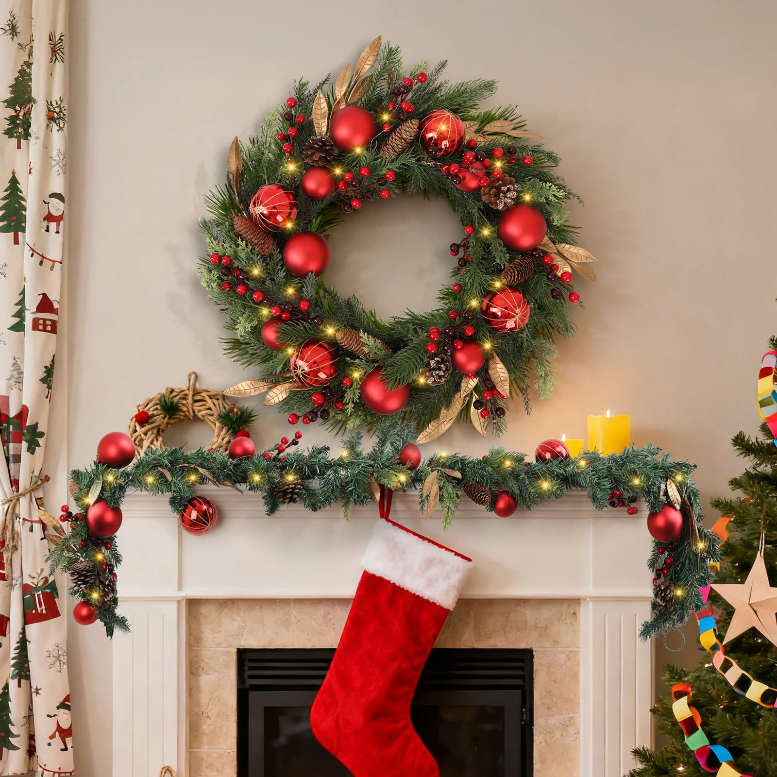 

24" Pre-lit Christmas Wreath 50 LED Lights & Battery Operation for Easy Hanging, Shatterproof Mixed Berry Decor, Perfect for O