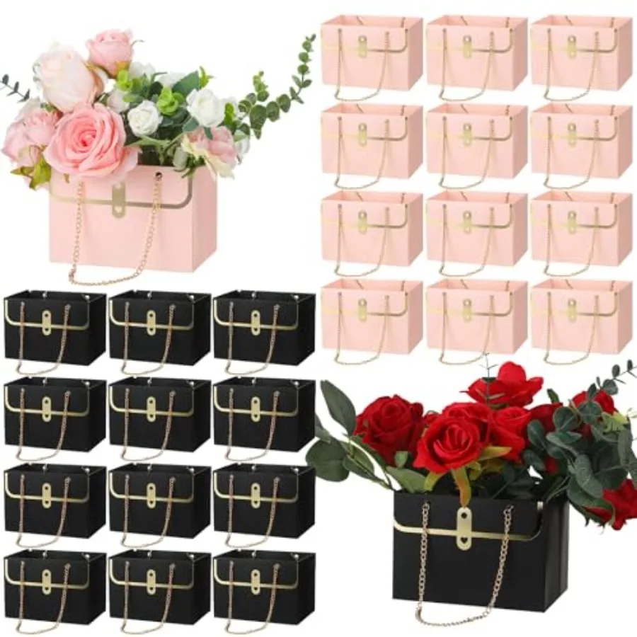 

24 Pcs Paper Flower Bags for Bouquets Wedding Flower Bouquets Boxes with Handle Chain Bags Rec Wrap Boxes for Women Wedding Bri