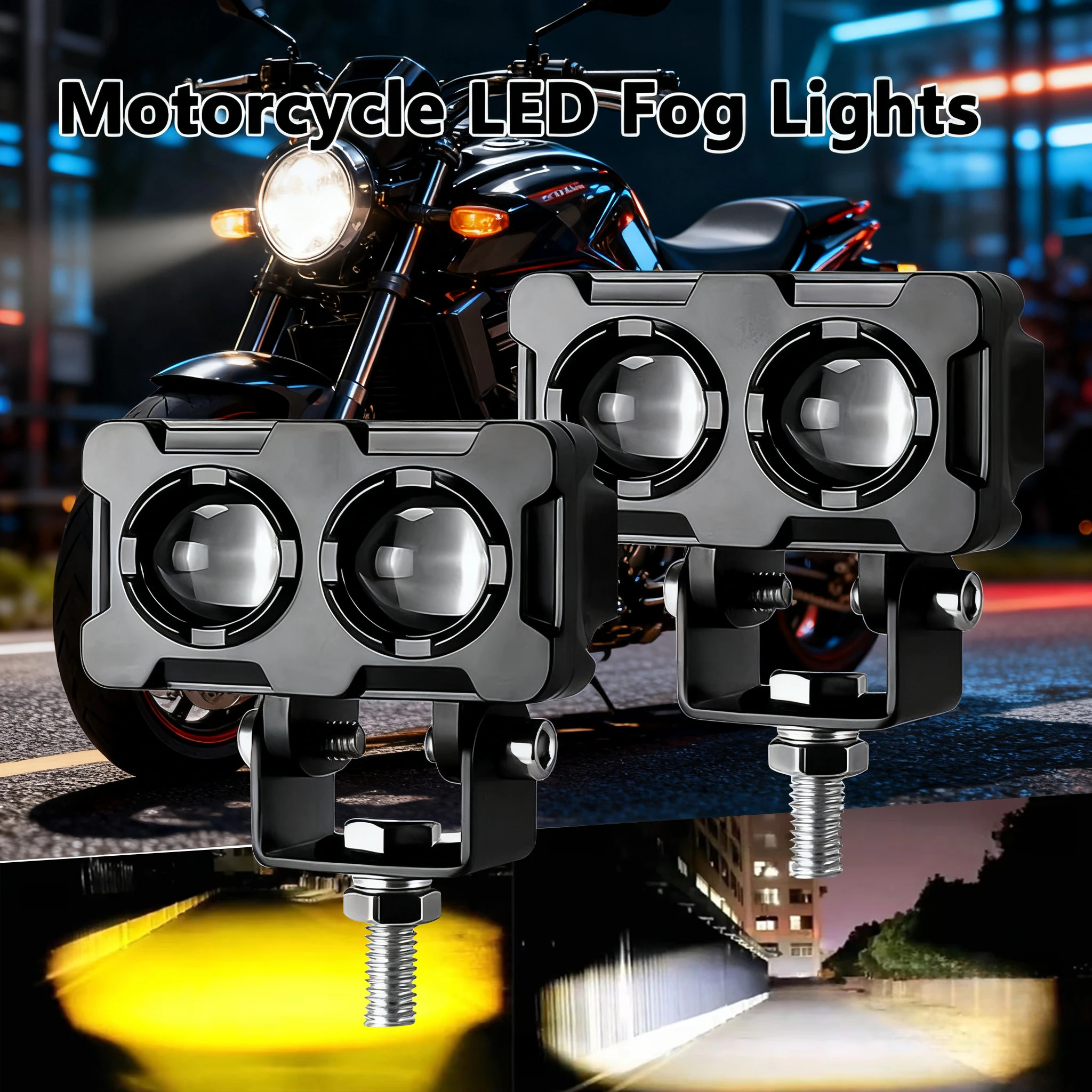 1/2PCS Motorcycle LED Fog Lights ATV Driving Fog Light Dual Color Work Light Bar Motorcycle Headlights Auxiliary Spotlight