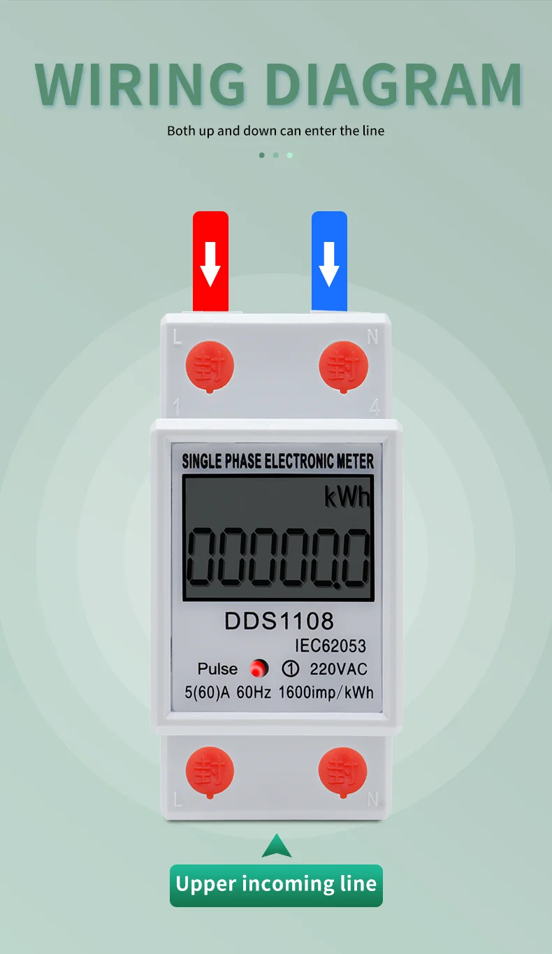 LCD-Digitalanzeige, Stromverbrauchsmesser, einphasiger Energiezähler, Watt, Wattmeter, kWh, 230 V AC, 50 Hz, 60 A, elektrische DIN-Schiene – Detail 4
