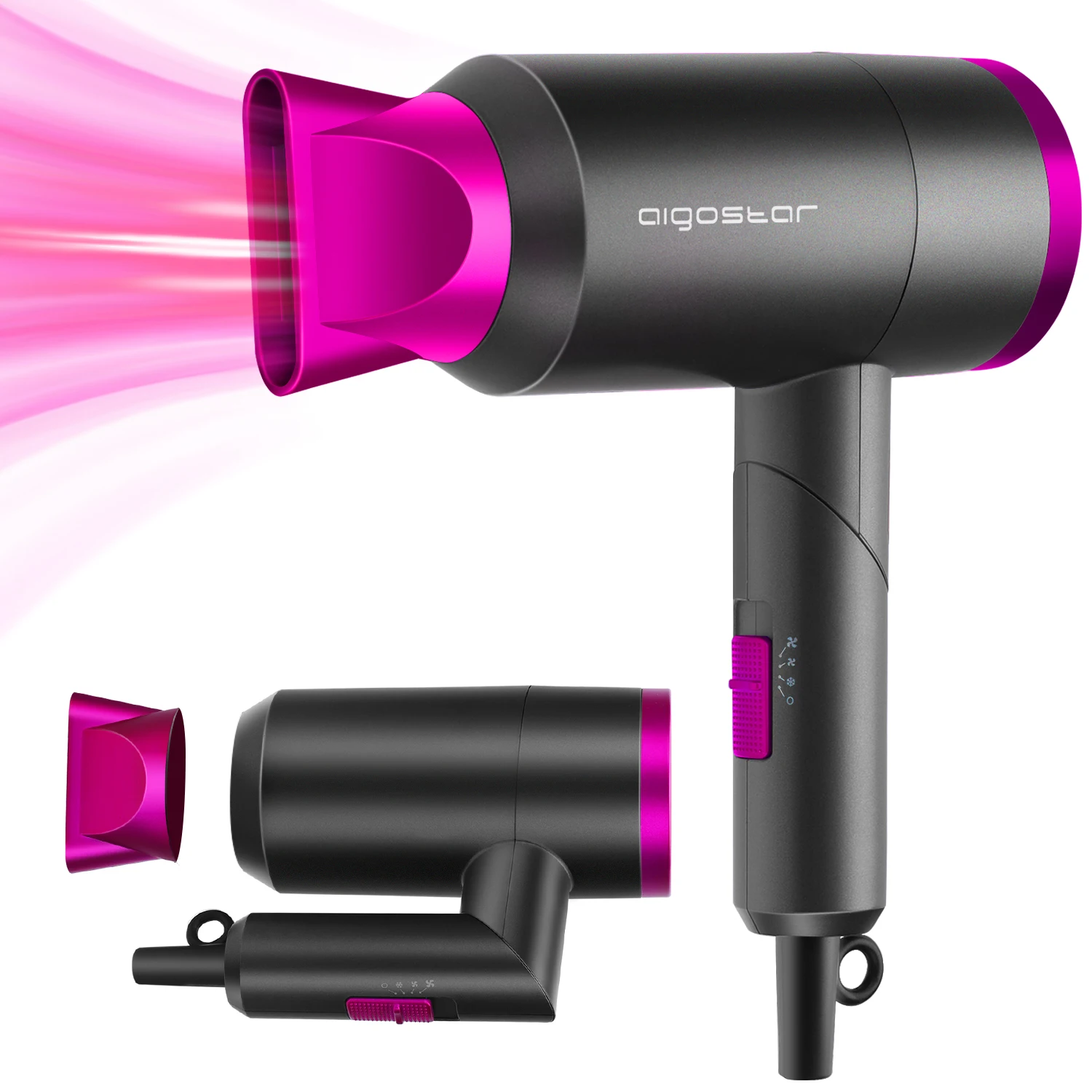 Secador de Pelo, Ocupa poco Espacio: Mango Plegable, 2 Velocidades, 3 Temperaturas, Incluye Boquilla Concentradora de Calor, Perfecto para Viajes, Color Gris y Rosa,1800W