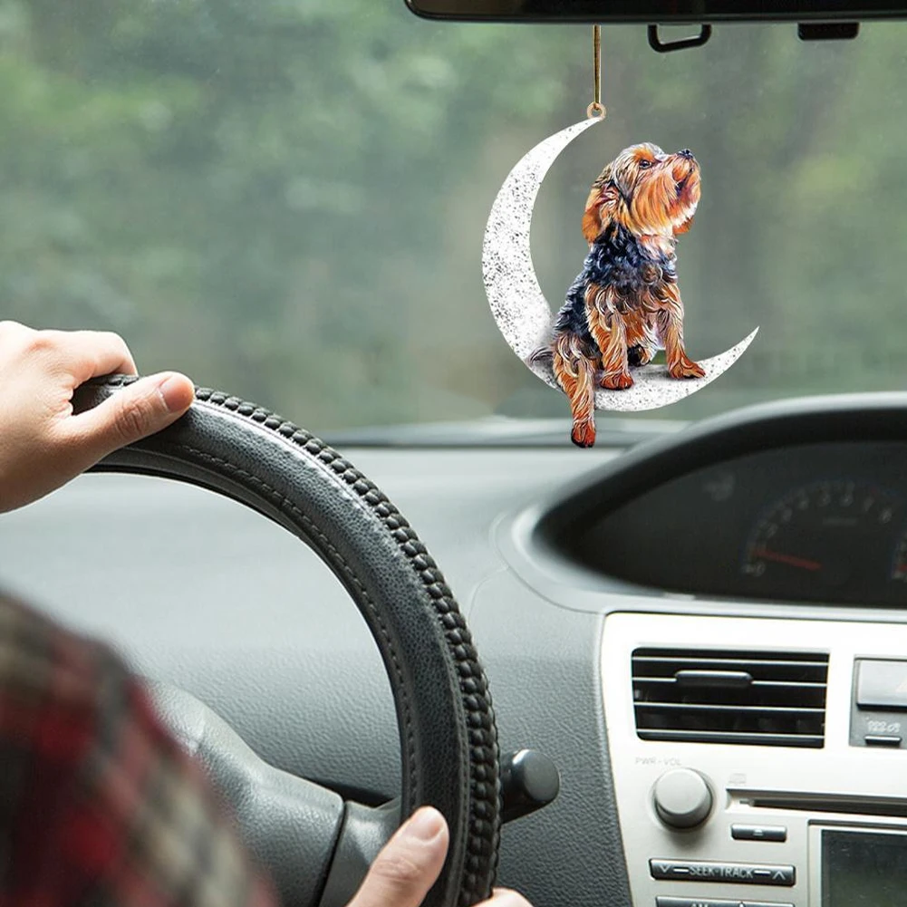 2D Car Rearview Mirror Pendant Dog Pendant Sitting On The Moon Cute Teddy Puppy Hanging Ornament Keychain Pendant interior Decor