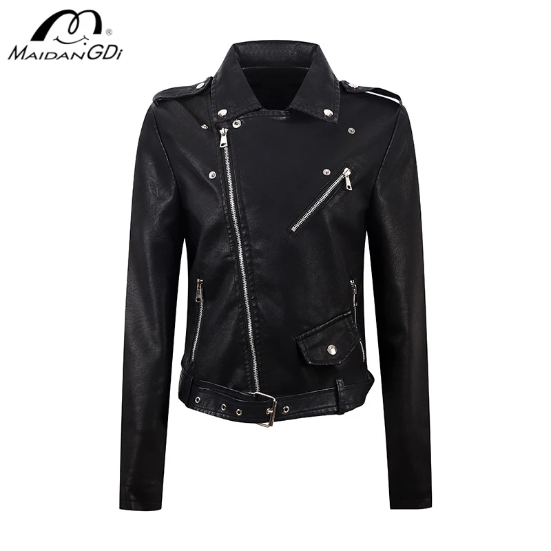 MAIDANGDI Women leather jacket women coat short autumn and winter PU diagonal pull slim fitting water wheel leather jacket Y2K