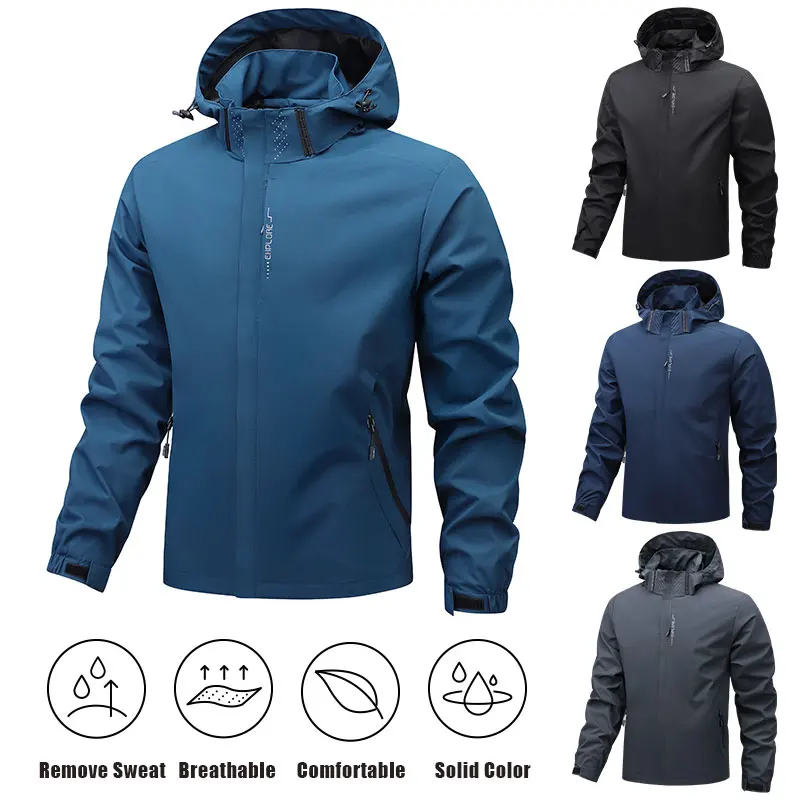 Frühling Herbst Herren Wasserdichte Regenjacke Leichte Outdoor-Jacke mit Abnehmbarer Kapuze Winddichte Jacken für Männer Wandern Angeln Stehkragen-Mantel