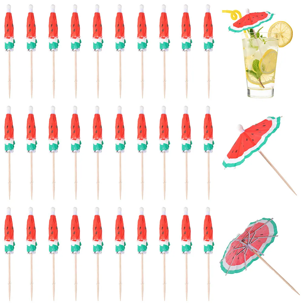 2 Beutel mit Wassermelonenmuster, Regenschirm, Bambus, PET-Kunststoff, Zahnstocher, Dekorationen für Obst, Vorspeisen, Cocktails, Rot, 85 x 100 mm