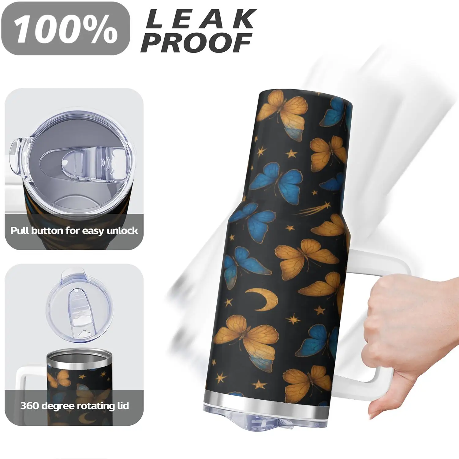 1ps Butterfly Handle Cup Set with Straw | Maximum Capacity 40 Oz, Inner Layer 304 Stainless Steel, Outer Layer 201 Stainless Steel, Seamless Inner Liner, Lid Made of PC Material, Suitable for Home, Office, Outdoor, Sports, and Car Use