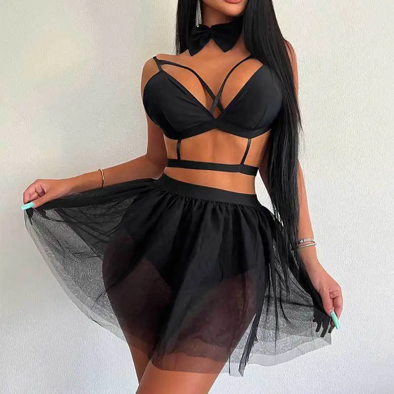 

SKMY Y2k Clothing Black Bow Necklace Bandage Crop Top And Perspective Mesh Skirt 2 Piece Sets Women Outfit Sexy Party Clubwear