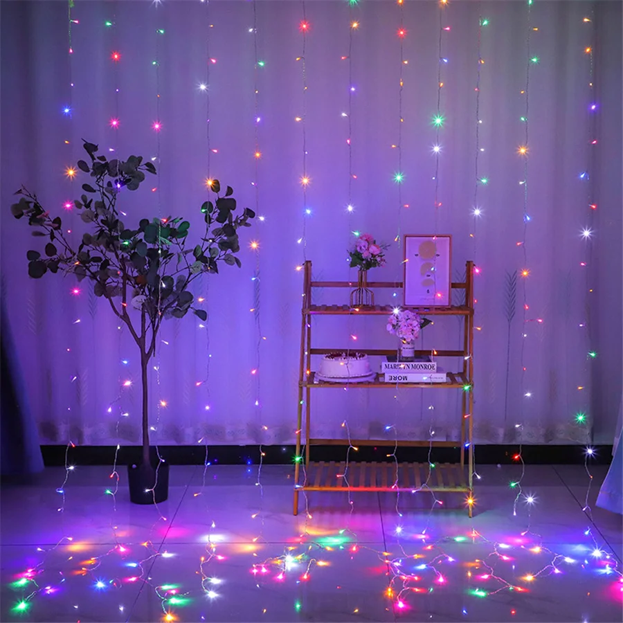 カーテンライトガーランド,屋外クリスマスデコレーション,フェアリーガーデン,ホリデー照明用ガーランド,3x3m, 300LED,新年,2024