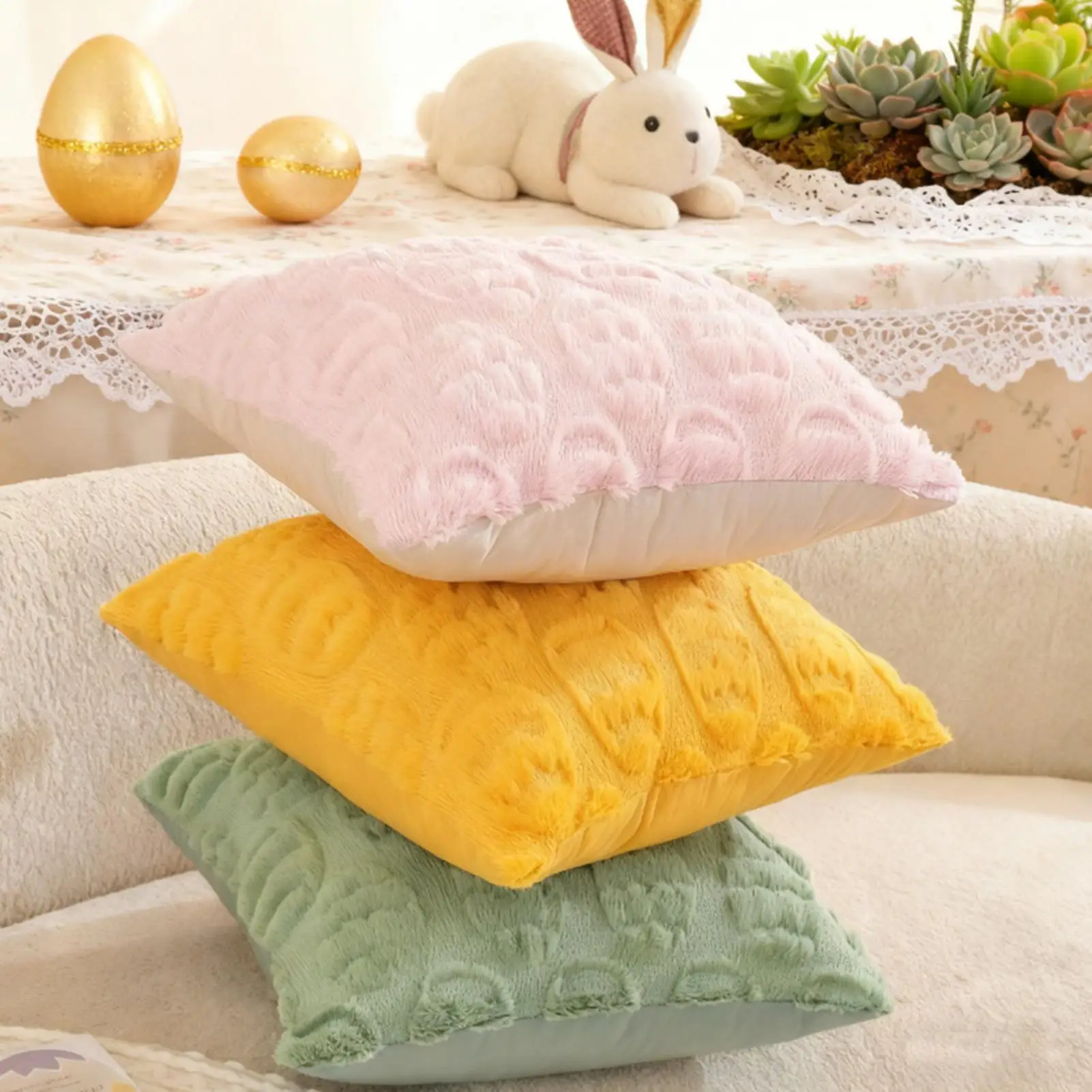 Easter Throw Pillow Cover 45x45cm Egg Print Soft Cushion Case for Sofa Couch Living Room Bedroom Farmhouse Holiday Home Decor - view 2