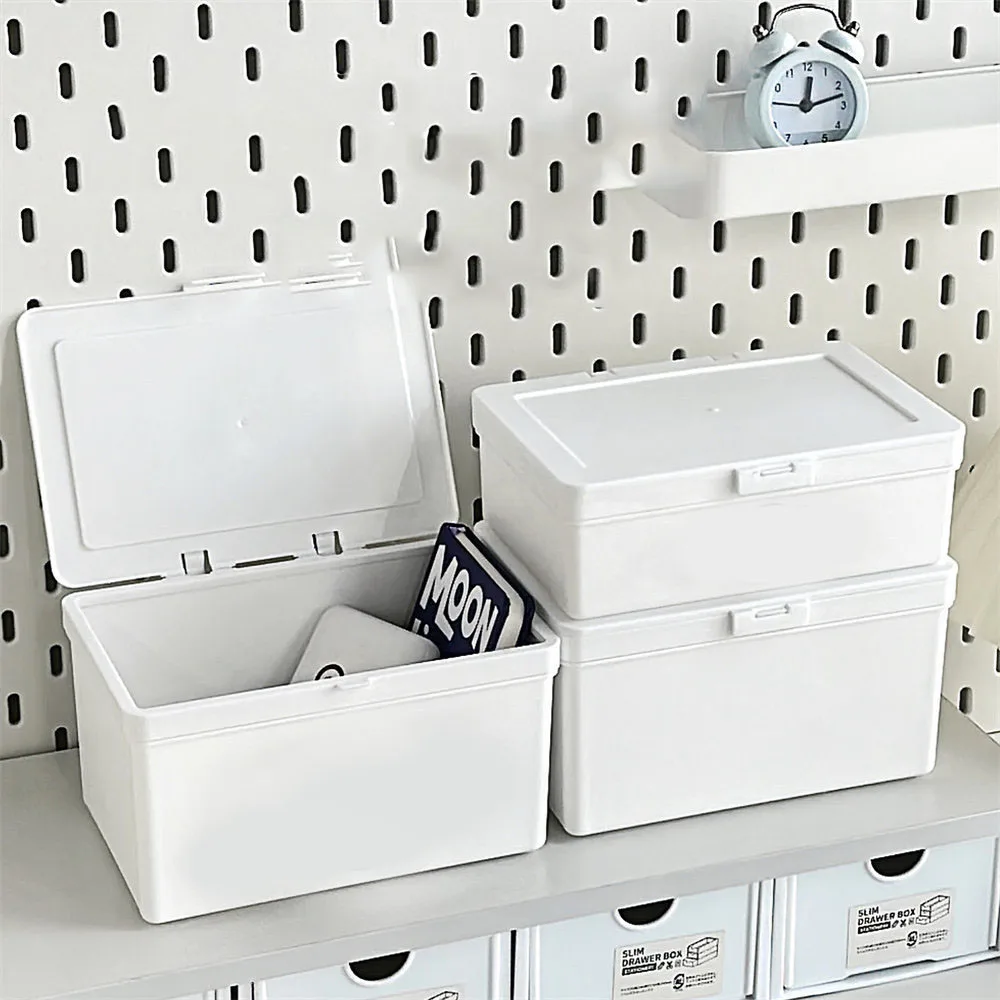 

White Dustproof Storage Box Stackable Sundries Storage Organizer With Cover Stationery Storage Case Home Organization Holder