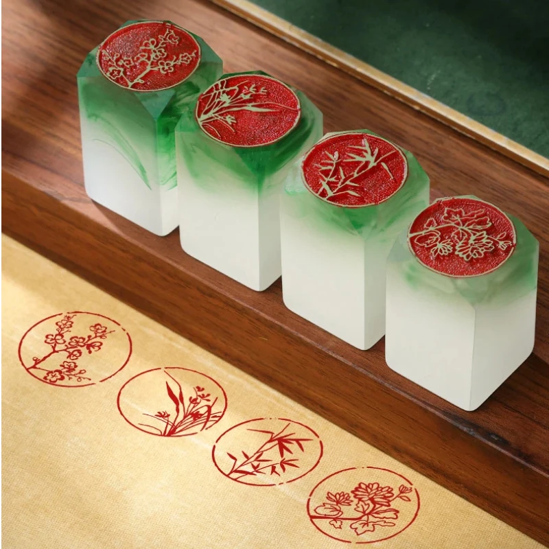 Chinese Style Orchid Bamboo Finished Stamps Seals Resin Round Square Stamps Carving Chinese Painting Hard Pen Calligraphy Stamps