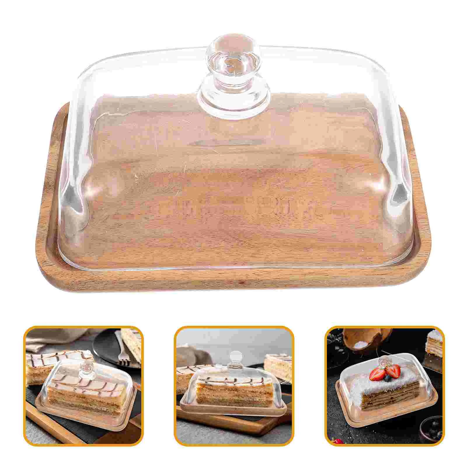 

Cake Stand with Lid Transparent Glass Display Plate Shelves Cover Wooden Snack Cakes