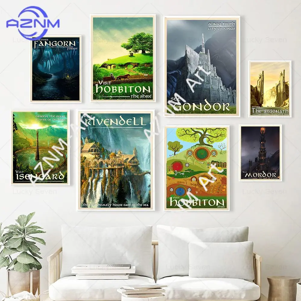 Ring-Kunstposter Retro Reise Abstrakt Leinwand Vintage Film Mordor Schloss Herr der Magie Gemälde Wohnzimmer Heimdekoration Wandbild