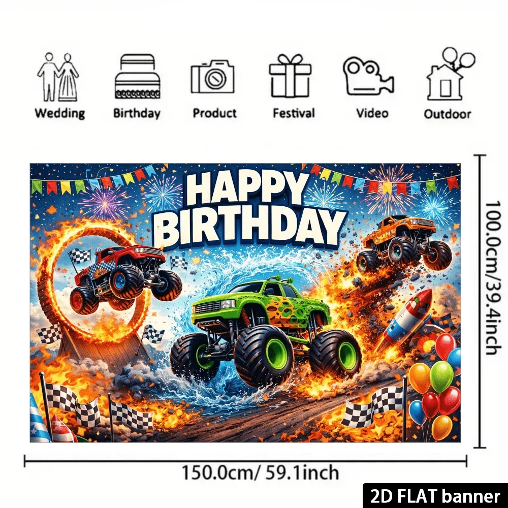 2D-Flachbild-Monstertruck-Geburtstagsparty-Hintergrundtuch. Offroad-Stunt-Thema mit drei farbenfrohen, großen Fahrzeugen. – Detail 6