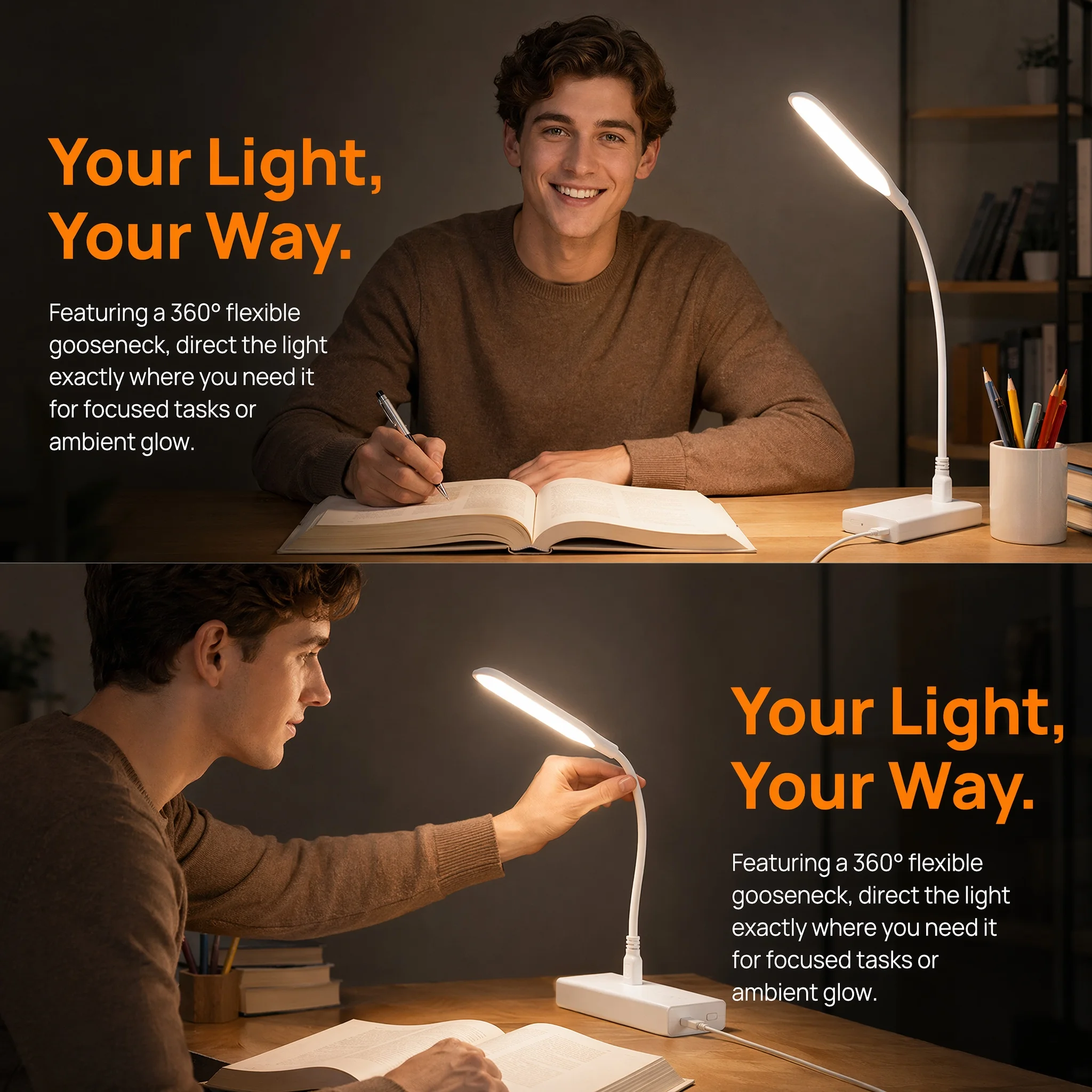 USB Plug Play Gooseneck Night Light, Dimmable Desk Lamp with Flexible, Portable Touch Control Table Nightlight, Reading Lighting