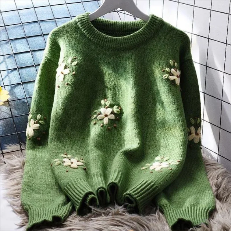 Heavy Industry Flower Embroidered Round Neck Sweater Women Autumn winter New Lazy Style Loose Long Sleeved Knitted Pullover Top