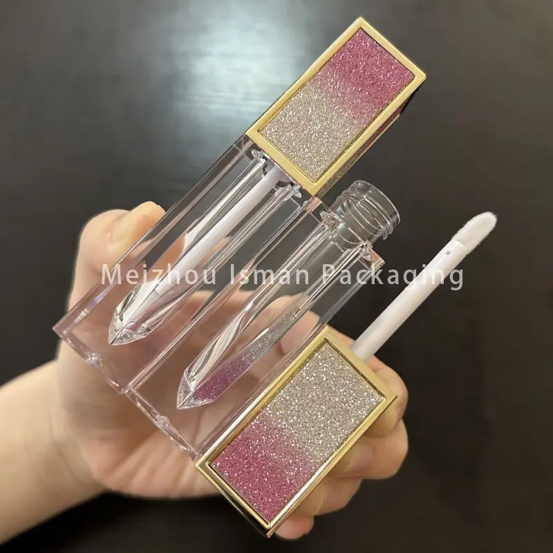 40Pcs luxury square rose gold rhinestone lipgloss containers glitter lip gloss empty tubes with wands brush 5ml