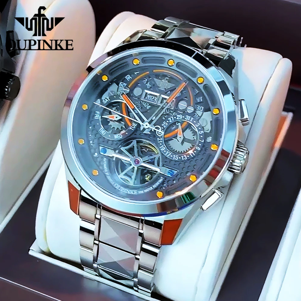 OUPINKE Men's Watches Trend Fashion Tungsten Steel Fully Automatic Wristwatch Hollow Out Mechanical Flywheel Dial Calendar 3249