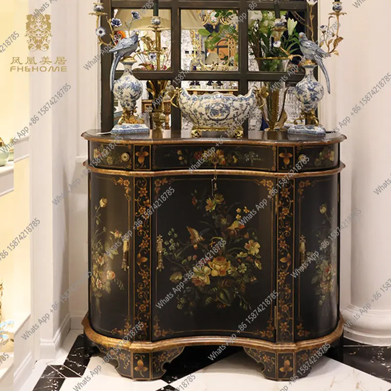 French Chinese style retro navy blue luxury gold hand-painted big-name entrance cabinet villa foyer