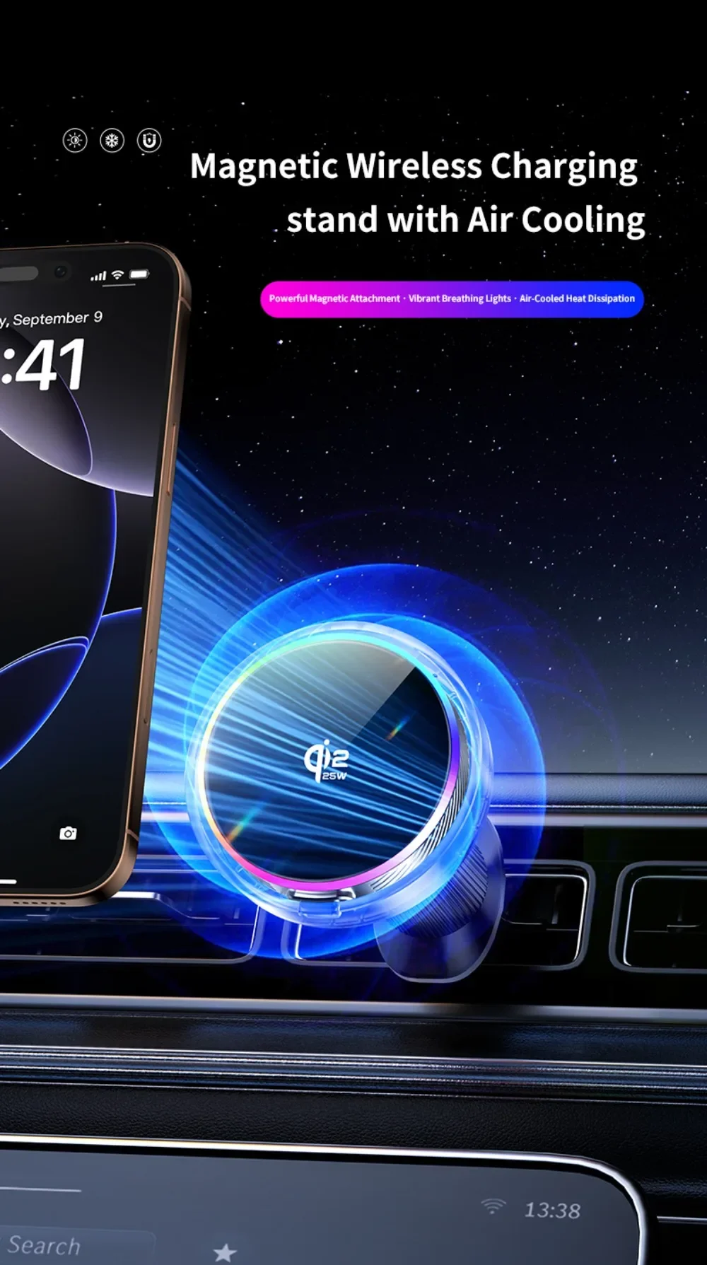 Luftgekühltes Auto-Qi2.2 25W Magnetisches Kabelloses Ladegerät mit RGB-Licht und Telefonhalterung für Magsafe iPhone 17 16 Pro Max Schnellladehalterung – Detail 1