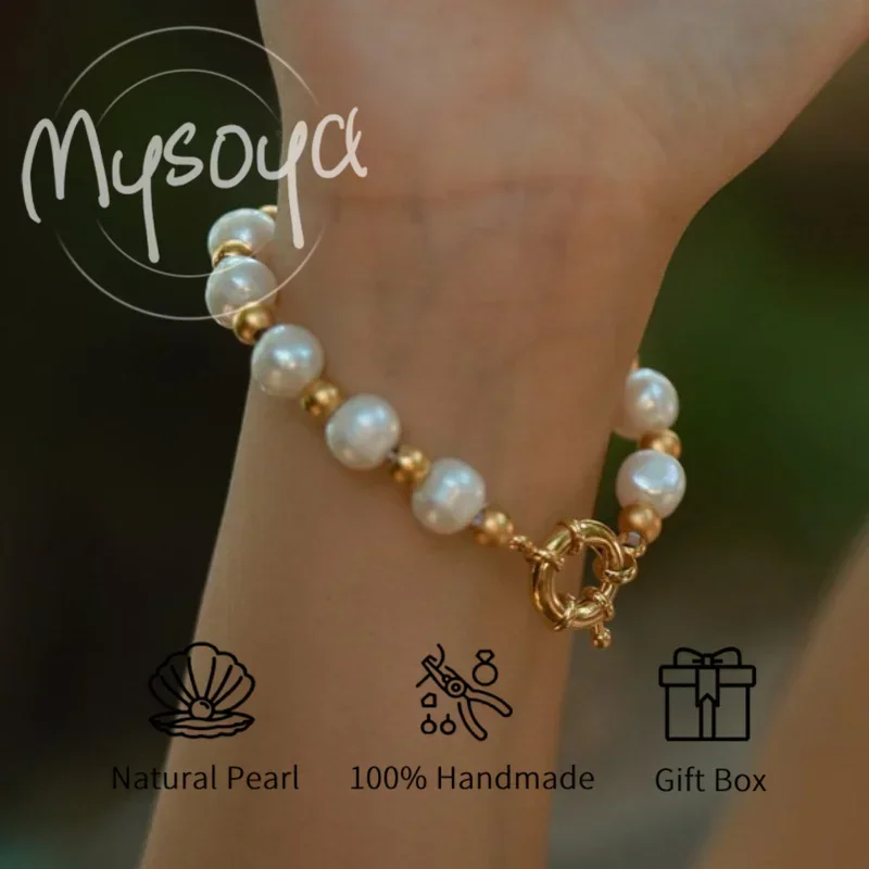

MYSOYA 8-9mm Natural White Freshwater Pearl Bracelet For Women And Men With Gift Box Birthday Wedding Anniversary Jewelry Gift