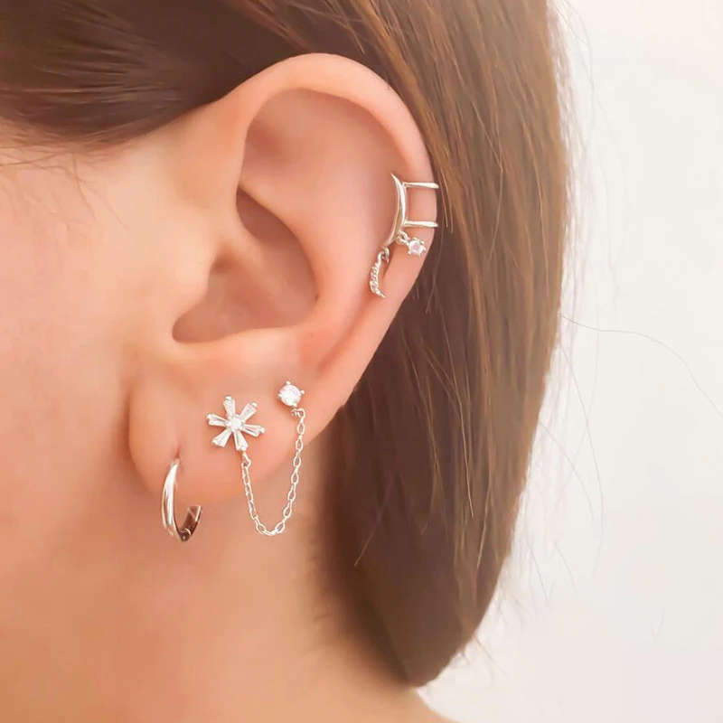 Modny kryształowy łańcuch ze stali nierdzewnej kolczyki małe kółka kwiatowy wisiorek z kroplą wody kolczyk na chrząstkę Piercing biżuteria