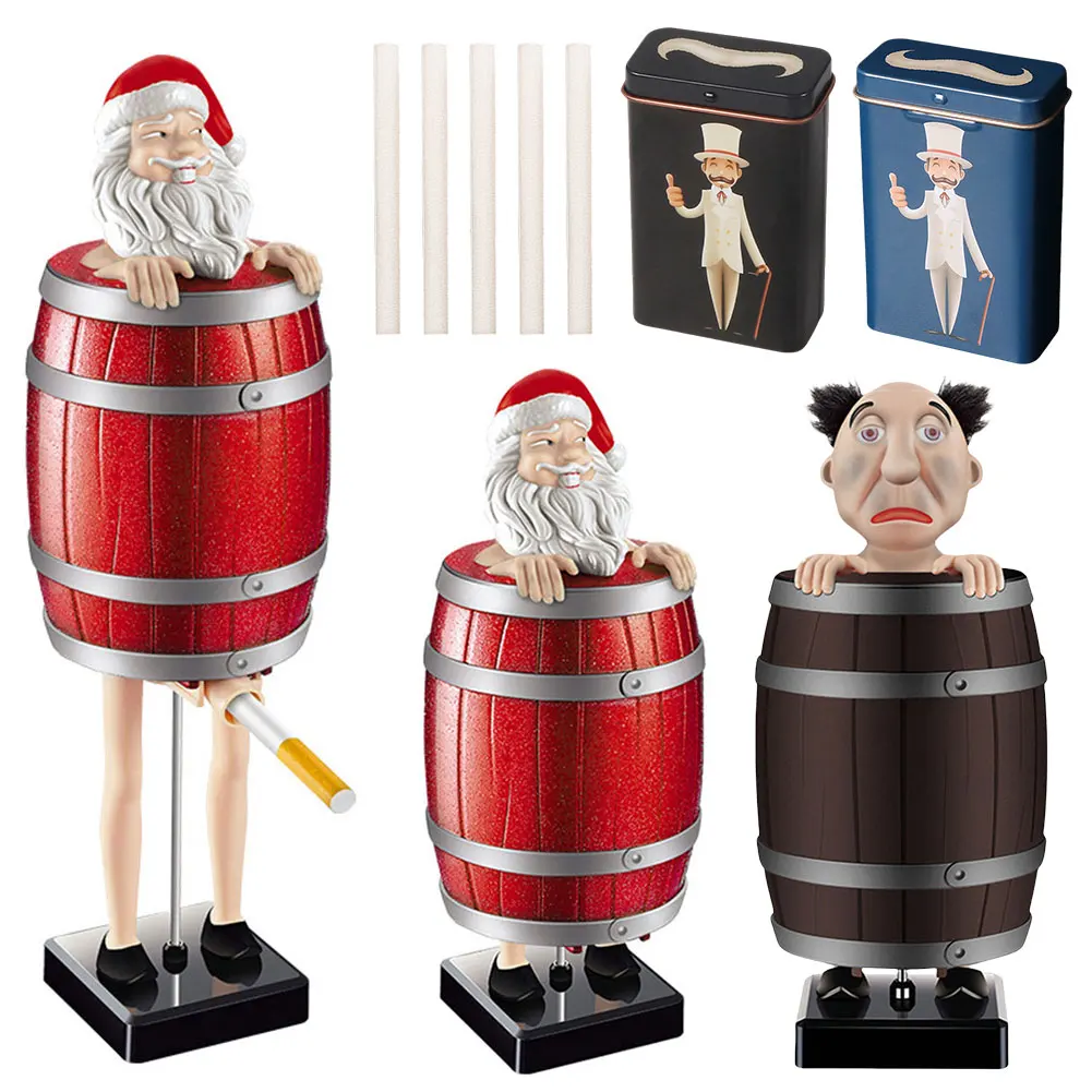 Funny Cigarette Holder Pop Up Cigarette Dispenser Santa Claus in The Wooden Barrel Cigarette Case for Christmas Party Prank Toy