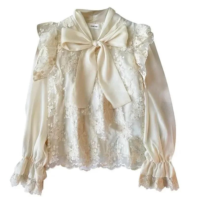 Autumn New Korean Fashion Slim Blusas De Mujer Temperament Lace Bow Lace Flower Shirt Female Flare Sleeve Blouse Women