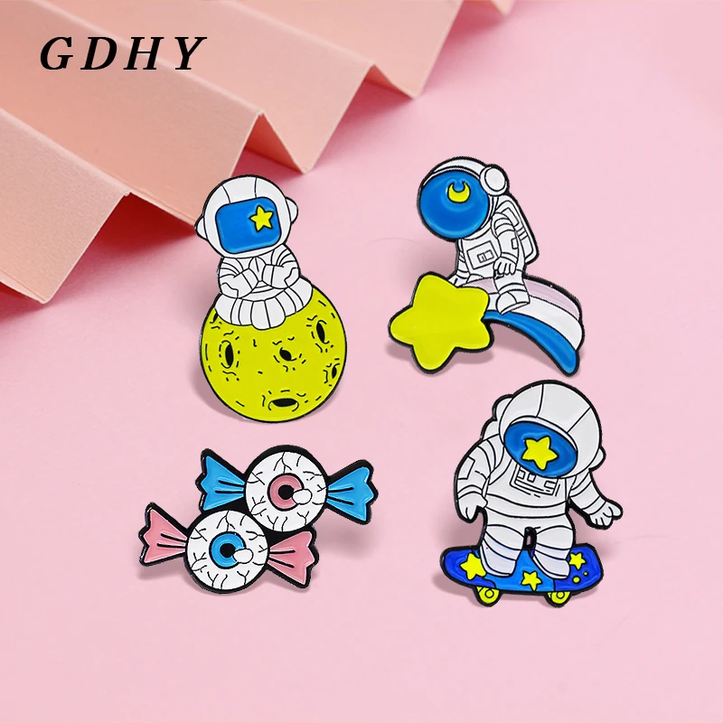 GDHY Astronaut and Space Planet Enamel Pins Star Moon Eyeball Alien Rainbow Meteor Brooches Badge Jewelry Kid Astronaut Gifts