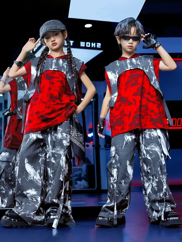 Hip Hop Dance Clothes Sets for Kids Girls Jazz Costume Camo Red Tops Tie-dye Pants Boys Street Dance Performane Outfits Rave