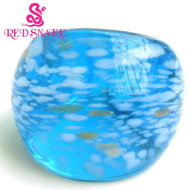 2PCS Red Snake Fashion Ring Handmade Snowflake Pattern Light Blue Murano Glass Jewelry for Stylish Accessory