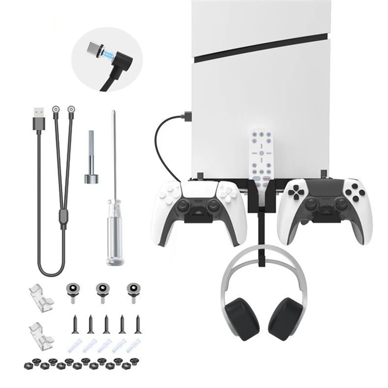 Wall Mount Storage Bracket Space-Saving Stand With Gamepad And Headphone Holder For Sony Playstation 5 Slim Black