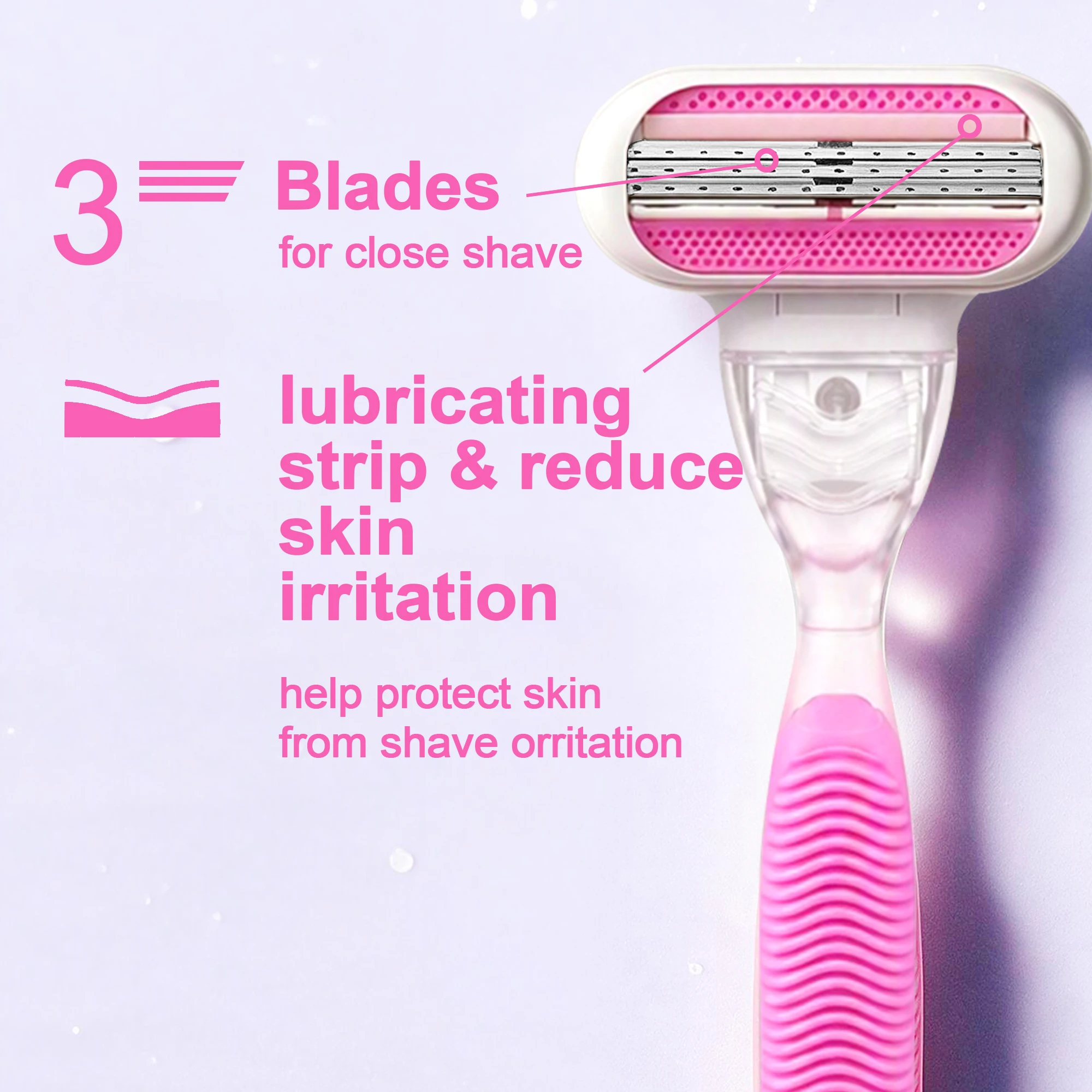 Women's 3-Blade Manual Razor with Aloe Lubricating Strip, Non-Slip Handle Shaver for Legs Armpits Bikini, Smooth Shave