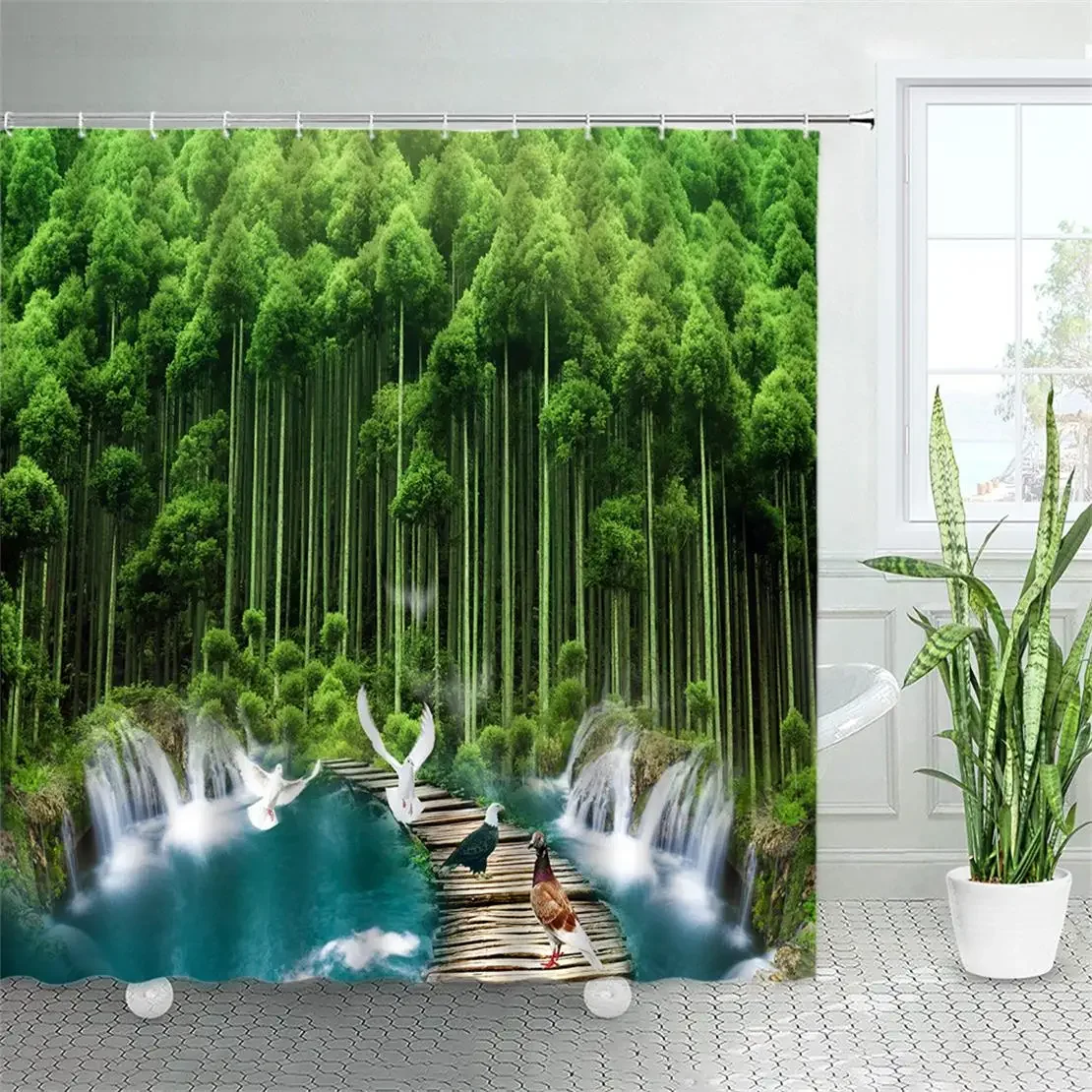 Waterfall Bathroom Curtains Spring Forest Park Shower Curtain Green Bamboo Nature Landscape Waterproof Fabric Home Bathtub Decor