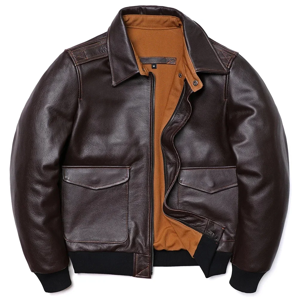 Classical A2 Style Genuine Leather Jacket Men's Air Force Natural Cowhide Coats Brown Calf Skin Clothes man Flight Clothing