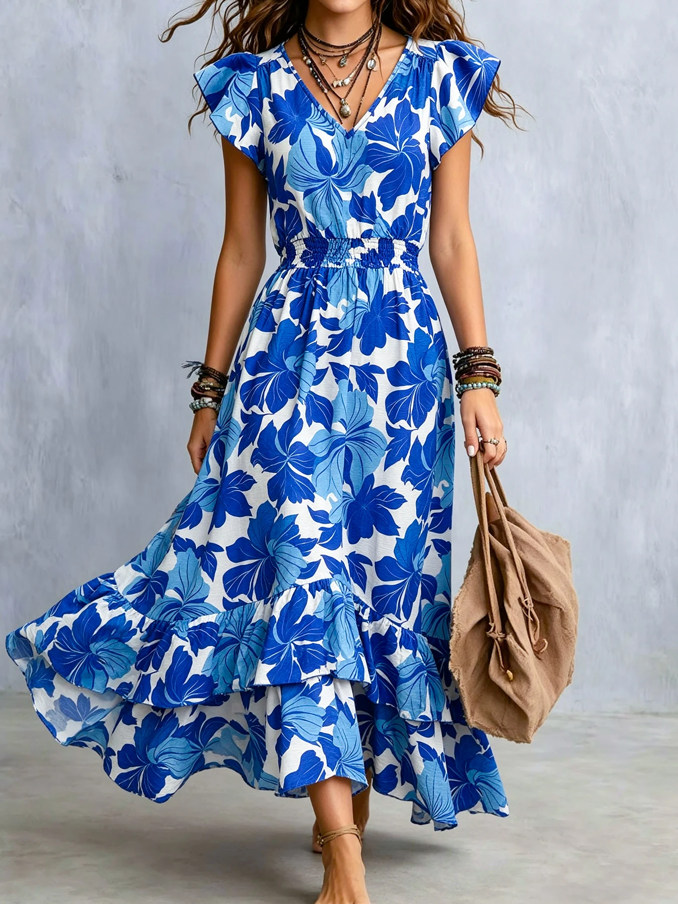 Boho Hibiscus Print V Neck Short Ruffle Sleeve Smocked Waist Vacation Maxi Dress For Women