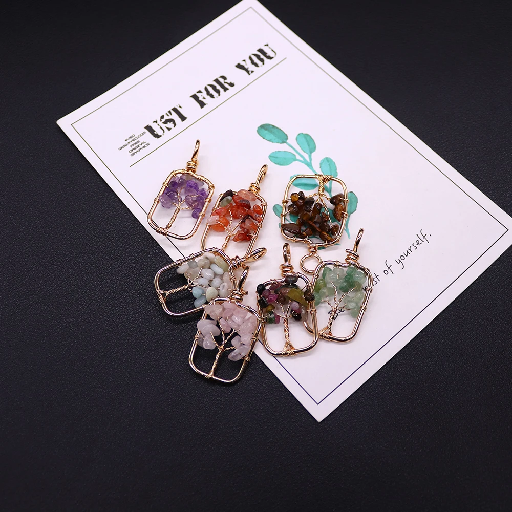 

20x39mm Natural Stone Wire Wrapped Pendant Tree of Life Amethyst Rose Quartz Charm Fashion Jewelry Healing Lucky Necklace Gift