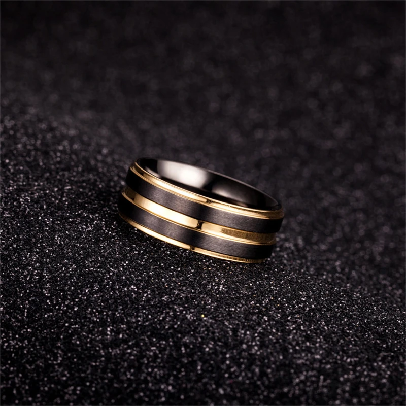 New 7#-12# Couple Rings Black Gold Color Womens Titanium Steel Metal Wire-Drawing Mens Ring Wedding Jewelry