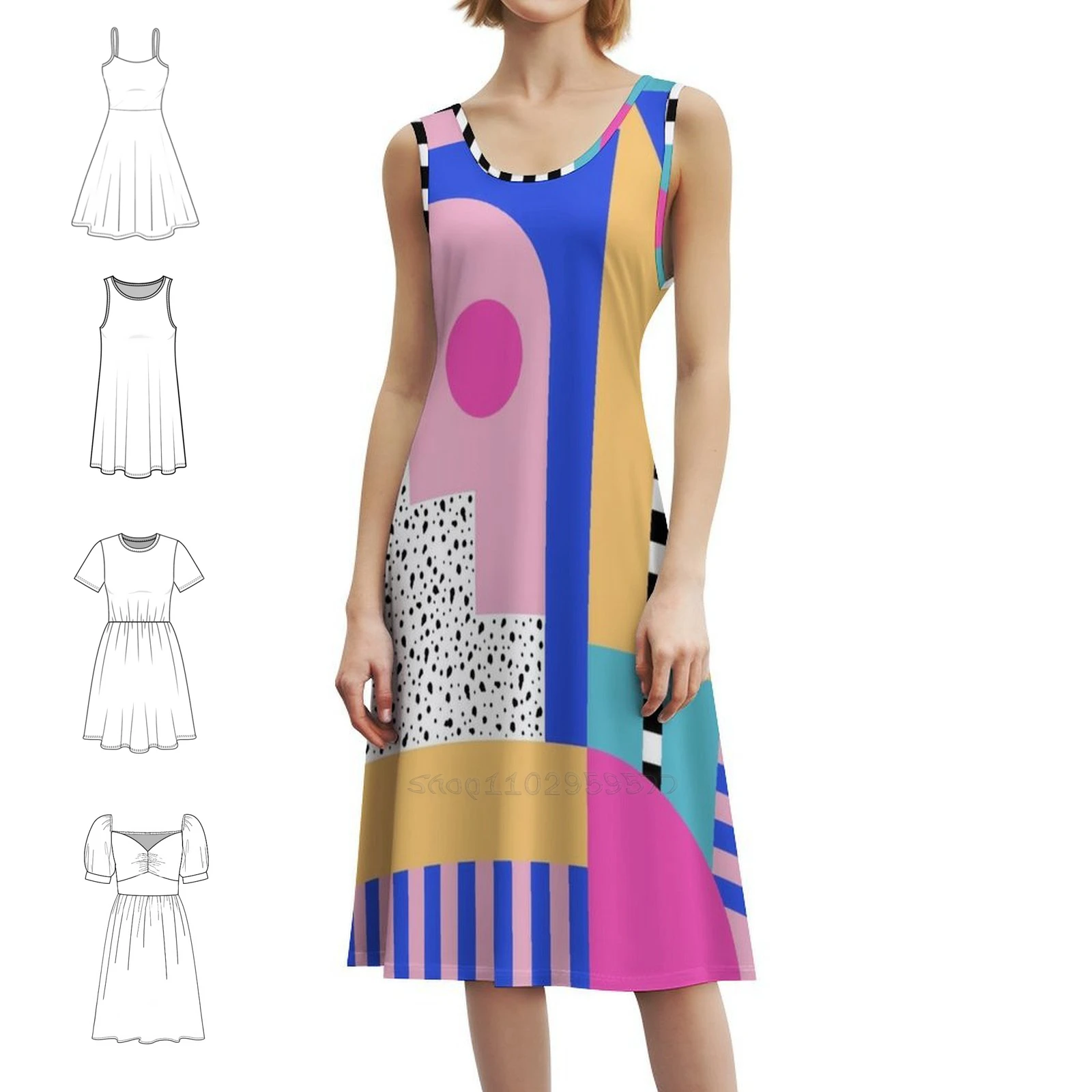 

Женское элегантное вечернее платье в стиле Мемфис, 95-ретро, 90-х/80-х годов, платье трапециевидной формы с короткими/длинными/без рукавов, с узором Мемфиса