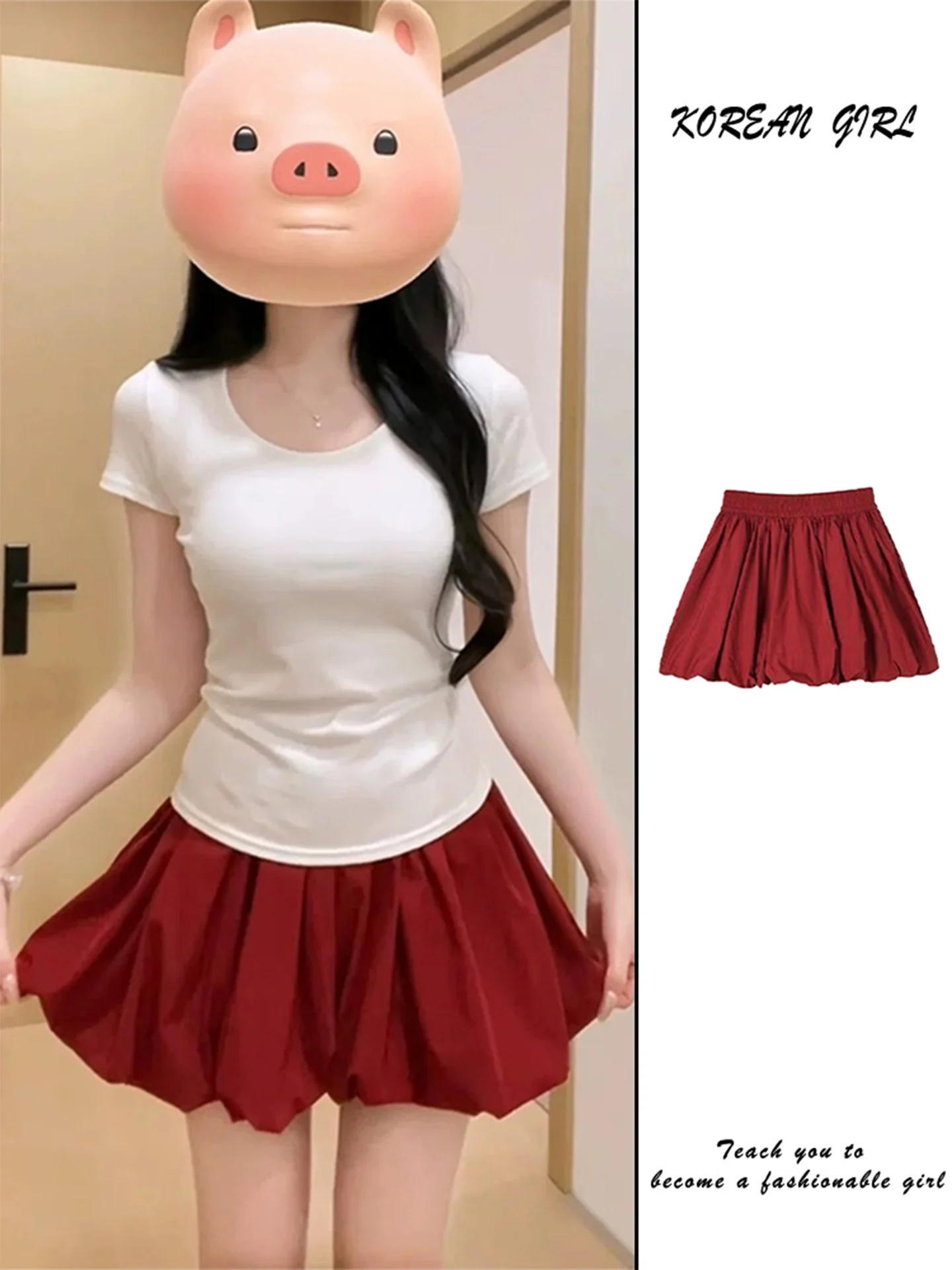 Sweet And Spicy Red Flower Bud Short Skirt Women's High Waist A-Line Puffy Skirt Small Size Pumpkin Pants Anti-Light Half Skirt