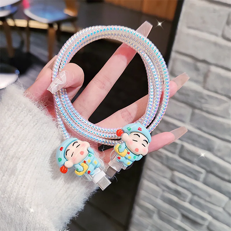 4 Stks/set Krijt Shin-Chan Data Kabel Beschermhoes 20W Voor Iphone 15 14 Kawaii Cartoon Anti-Fractuur Oplader Beschermhoes