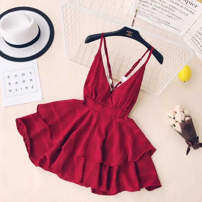 

Ins Women Summer V Collar Sexy Backless Cross High Waist Slim Sleeveless Solid Color Vestidos Dress C413
