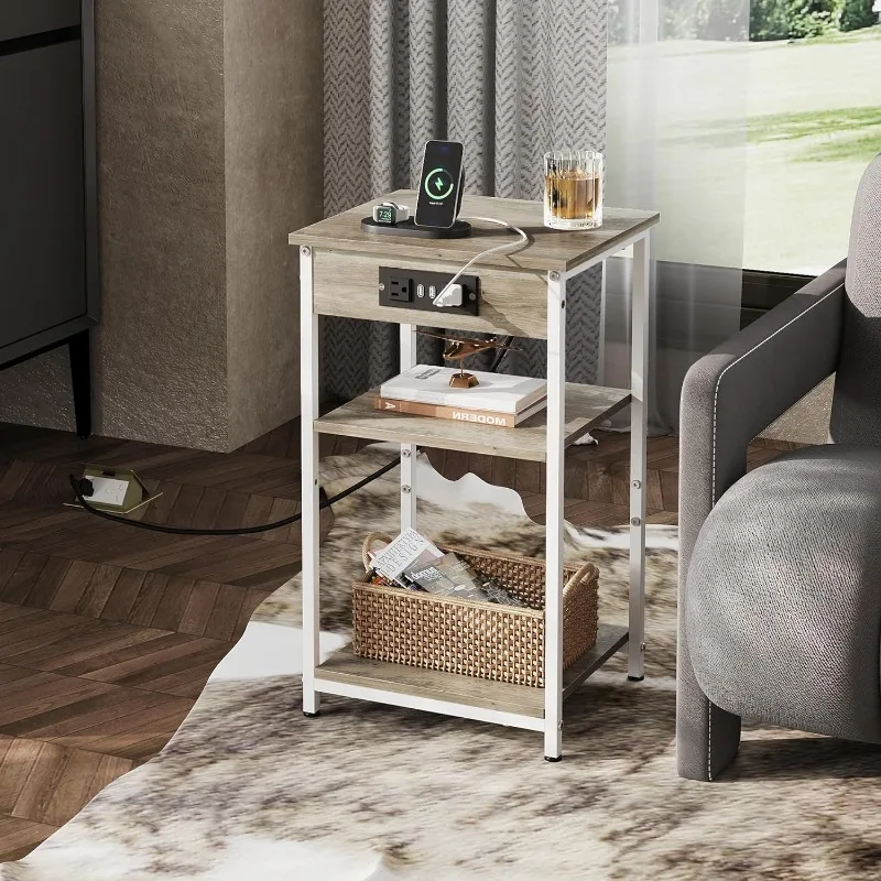 End Table with Charging Station and USB Ports, 3-Tier Side Table with Adjustable Shelf, Side Table with Outlet for Small Spaces